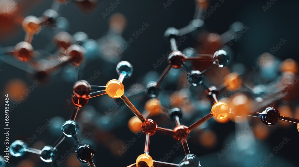 Poster molecular network: an intricate arrangement of interconnected spheres, symbolizing the complex struc