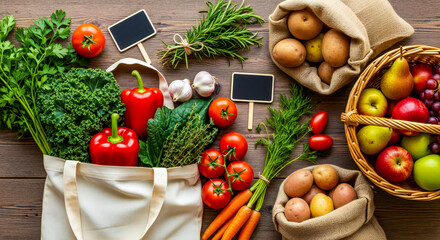 Sustainable Shopping Flatlay with Zero-Waste Bags and Vegetables
