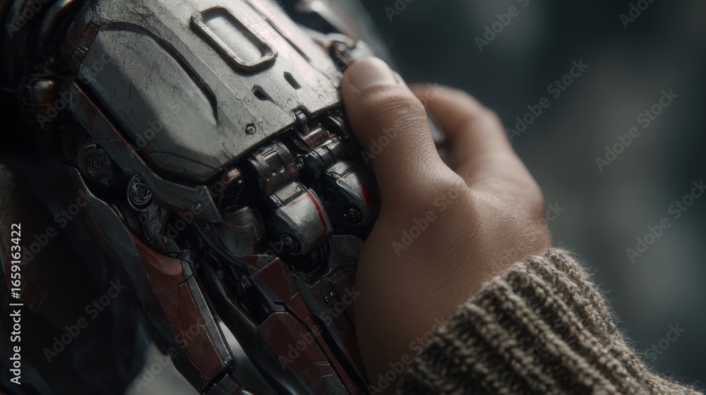 Poster hand touching robotic form: a delicate hand gently interacts with a complex mechanical form, highlig