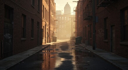 An empty West Virginia alley at sunset, clear skies, brick buildings on both sides, with a trash can at one end, viewed from eye level.
