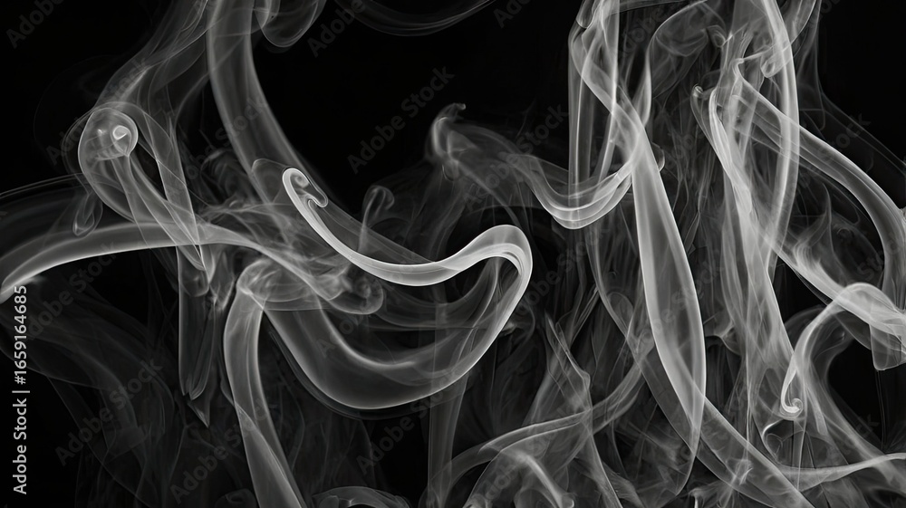 Poster captivating swirling white smoke plumes ascend dramatically against a deep black background, creatin
