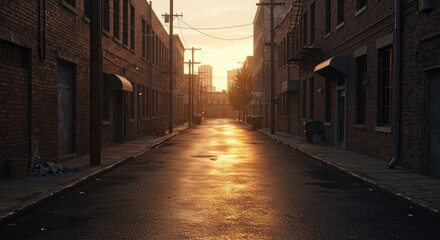 Obraz premium An empty West Virginia alley at sunset, clear skies, brick buildings on both sides, with a trash can at one end, viewed from eye level. 