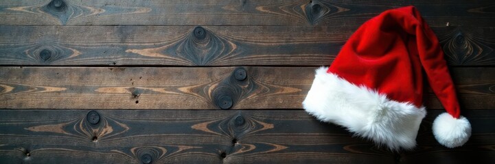 Classic Santa hat on weathered wood panel, Christmas spirit , background, rustic, wood panel