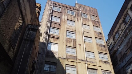 Urban industrial building facade, sunlit, aged