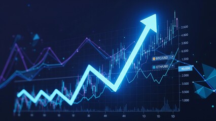 Cryptocurrency trading graph with glowing upward trend arrow on futuristic fintech background, symbolizing growth, success, and the rise of digital investment economy.