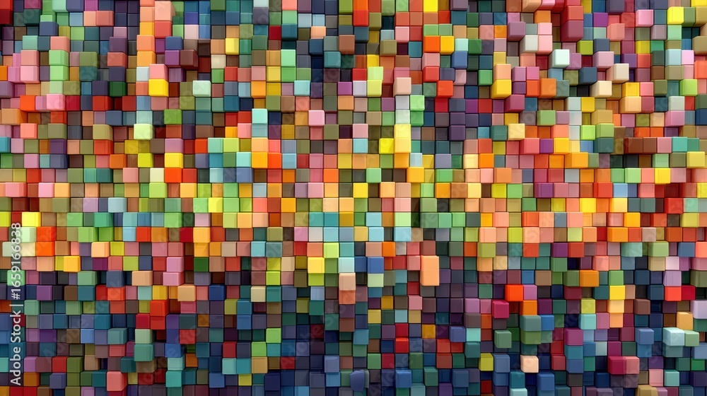Aufkleber Color Blocks Mosaic: An eye-catching collection of colorful, perfectly aligned building blocks forms a complex mosaic pattern, creating a mesmerizing visual spectacle of abstract geometric forms.
