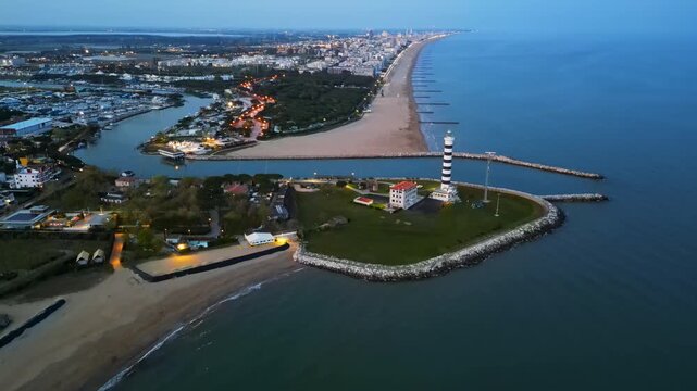 Aerial drone view of Cavallino-Treporti in the Venetian Lagoon in northern Italy in the evening