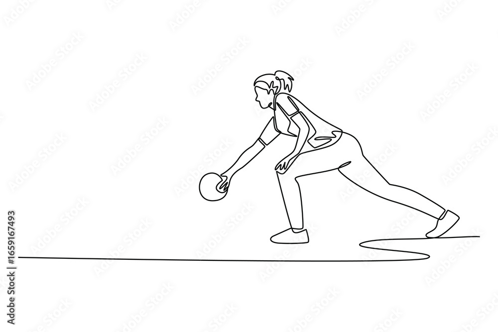 Poster continuous one line drawing side view of female bowler in low crouch just before releasing a bowling
