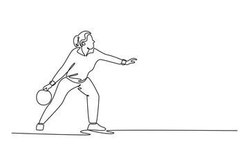 Continuous one line drawing attractive female bowler in low crouch just before releasing bowling ball. Symbolizing precision, focus, fluid motion. Single line draw design vector graphic illustration