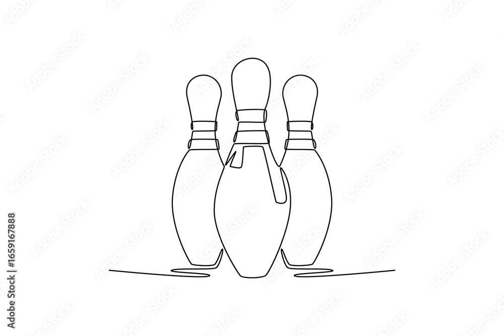 Poster continuous one line drawing three bowling pins are standing together at indoor arena. symbolizing ta