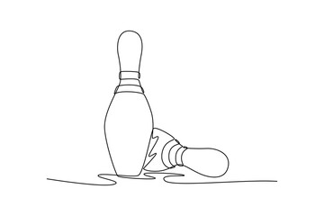 Single continuous line drawing two bowling pins, one standing and one fallen. Healthy sport theme, focusing on the dynamic outcome of the game. Dynamic one line draw graphic design vector illustration