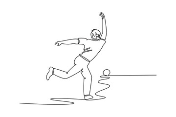 Single one line drawing back view man bowler in follow-through pose after releasing ball. Symbolize fluid motion and athletic grace of bowling. Continuous line draw design graphic vector illustration