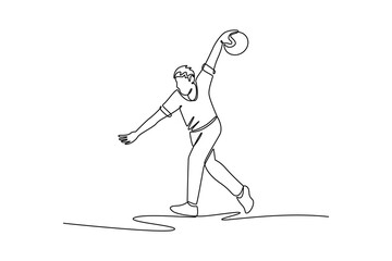 Single one line drawing attractive male bowler swinging his arm back to release the ball. Symbolizing athletic skill and dynamic action. Modern continuous line draw design graphic vector illustration