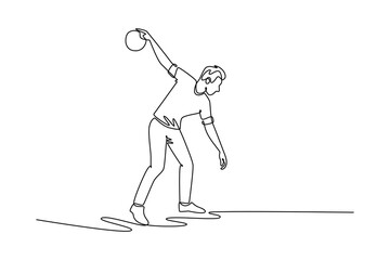 Single continuous line drawing features young man bowling athlete mid-swing, representing poise and concentration required to execute perfect strike. One line draw graphic design vector illustration