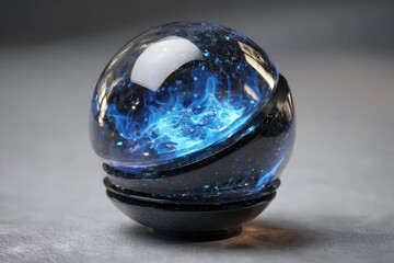 Luminous Glass Sphere with Blue Energy Swirls and Bright Reflection on a Subtle Gray Surface