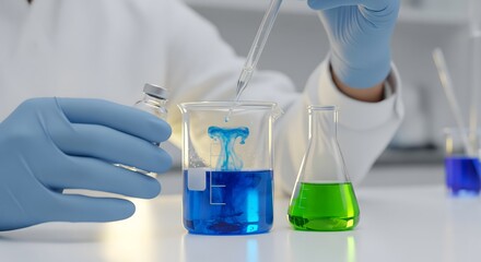 A gloved scientist's hand adding a blue liquid drop into a beaker, symbolizing scientific research, laboratory work, and medical technology