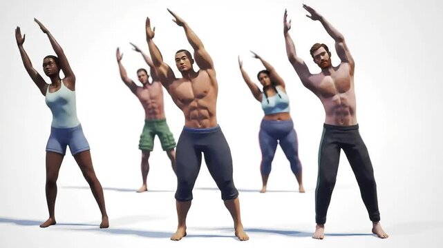 Diverse Group of 3D Rendered Athletes Engaging in Dynamic Stretching Exercises for Health and Wellness on a Clean White