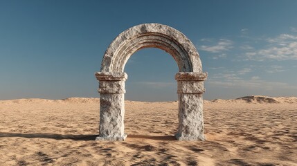 Ancient stone archway stands alone in a vast desert under a clear sky