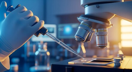 A lab scientist's gloved hand using a micropipette to transfer a sample under a microscope, symbolizing scientific research, laboratory work, and medical technology