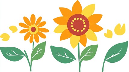 Three stylized sunflowers and petals, in orange and yellow