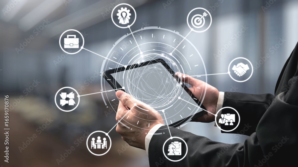 Poster b2b strategy and technology transforming business-to-business operations, optimizing communication, 