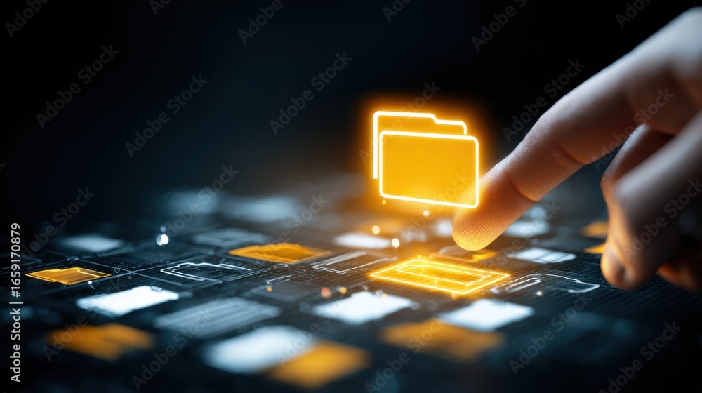 Poster digital data navigation: a hand delicately touches an illuminated folder icon on a sleek digital int