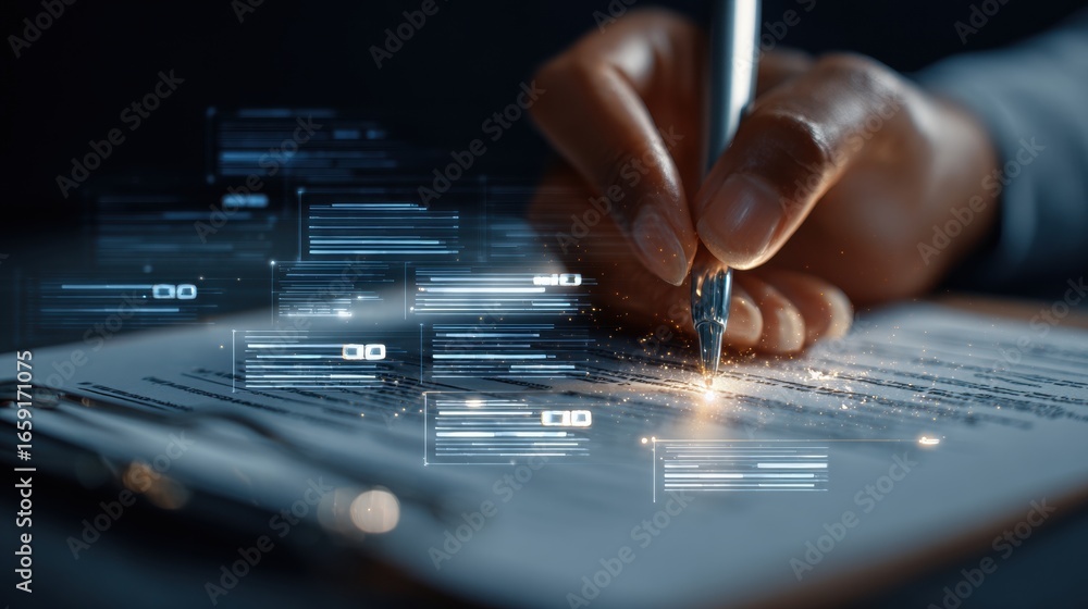 Poster ink on paper: a close-up of a hand skillfully inking onto a blank contract, merging with glowing dig