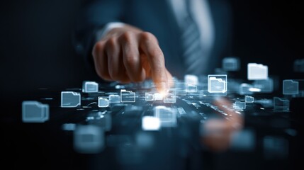 Digital Connection and Information: A close-up shot of a person's hand interacting with digital information, representing the power and innovation of modern technology.