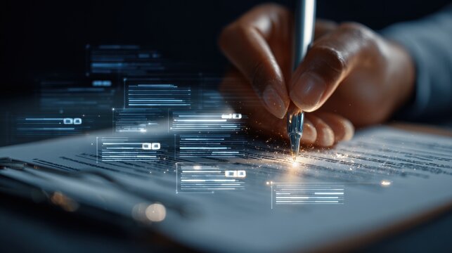 Ink on Paper: A close-up of a hand skillfully inking onto a blank contract, merging with glowing digital abstract element to embody the seamless integration of technology. - Powered by Adobe