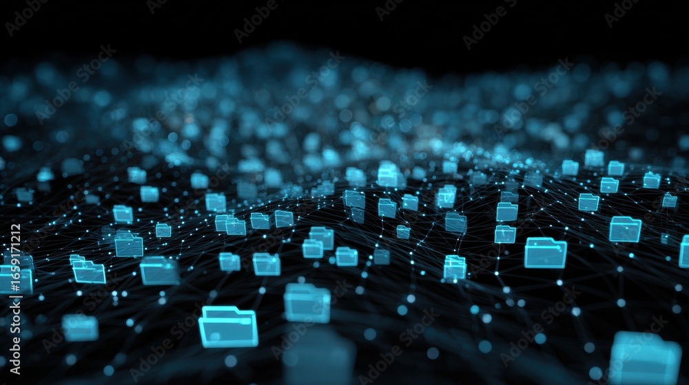 Poster digital network landscape: abstract digital illustration of data files connected by glowing lines, d