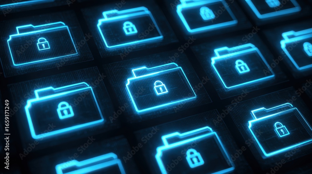 Poster digital security: digital folders with illuminated padlocks illustrate secure data storage, a corner
