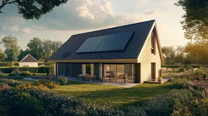 Sunny modern house with solar panels