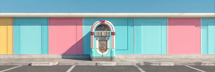 Retro jukebox stands before colorful building