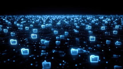 Digital Data Array: An array of illuminated file icons form an abstract data network, highlighting the interconnectedness of information in a futuristic and technology-driven landscape. 