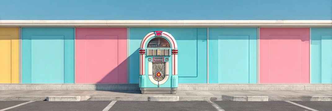 Retro jukebox stands before colorful building