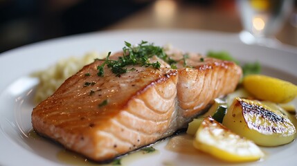 Pan-seared salmon fillet with roasted vegetables on a white plate