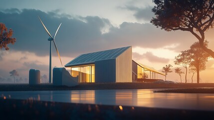 Fototapeta premium Modern sustainable home with wind turbine and solar panels at sunset