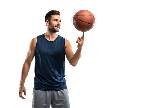 Smiling man spinning basketball on finger against white backdrop showing skill and focus during practice session with a positive and energetic mood. - Powered by Adobe