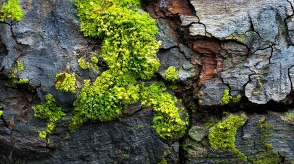 Moss on Tree Bark: A macro shot of lush green moss delicately clinging to the rough, textured surface of aged tree bark, showcasing the intricate details and natural beauty of the forest ecosystem.