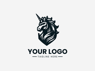 Powerful Uniqcor horse in dynamic fighter pose with armored elements vector logo