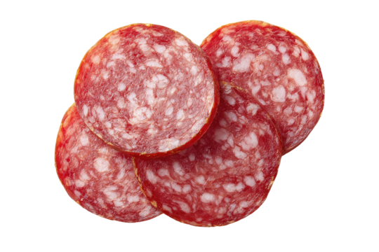 Close-up of sliced salami.  Four circular slices of salami are stacked, showcasing the reddish-pink meat and the visible marbling