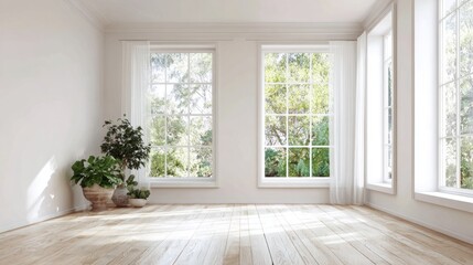 Light-Filled Interior: A spacious, bright interior with large windows, showcasing an open, welcoming atmosphere. The sun illuminates the space with a warm and airy ambiance. 