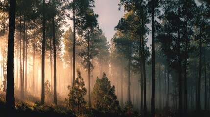 Sunlit Forest Canopy: A majestic forest bathed in a warm, ethereal glow, with sunlight filtering through the dense canopy, creating a serene and awe-inspiring spectacle of nature's beauty.