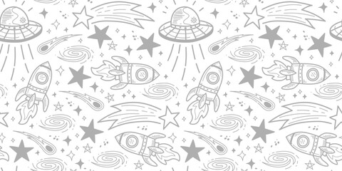 Space background. doodle space pattern background. Seamless pattern with space rockets, planets, stars. space element seamless pattern background. © riansa28