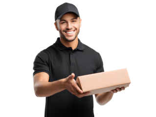 Three-Quarter View of Delivery Man Extending Package Forward, Gesture of Service, Isolated on Transparent Background