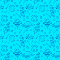 Space background. doodle space pattern background. Seamless pattern with space rockets, planets, stars. space element seamless pattern background.