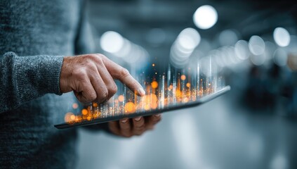 Man using tablet, city data overlay, modern space