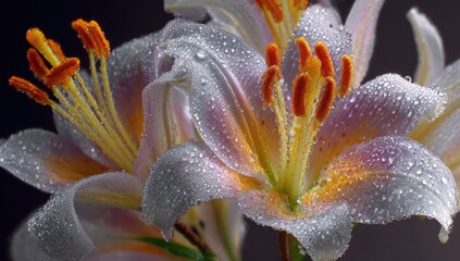Dew-kissed lilies, pale petals with orange stamens, close-up