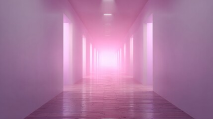 Illuminated Passage: A long hallway recedes into a radiant, ethereal light. The smooth walls cast a soft glow, while the floors guide the viewer towards a horizon.