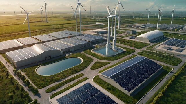 Innovative renewable energy farm showcases solar panels and wind turbines against a backdrop of lush fields and a serene waterway, symbolizing sustainable future development and green power solutions.